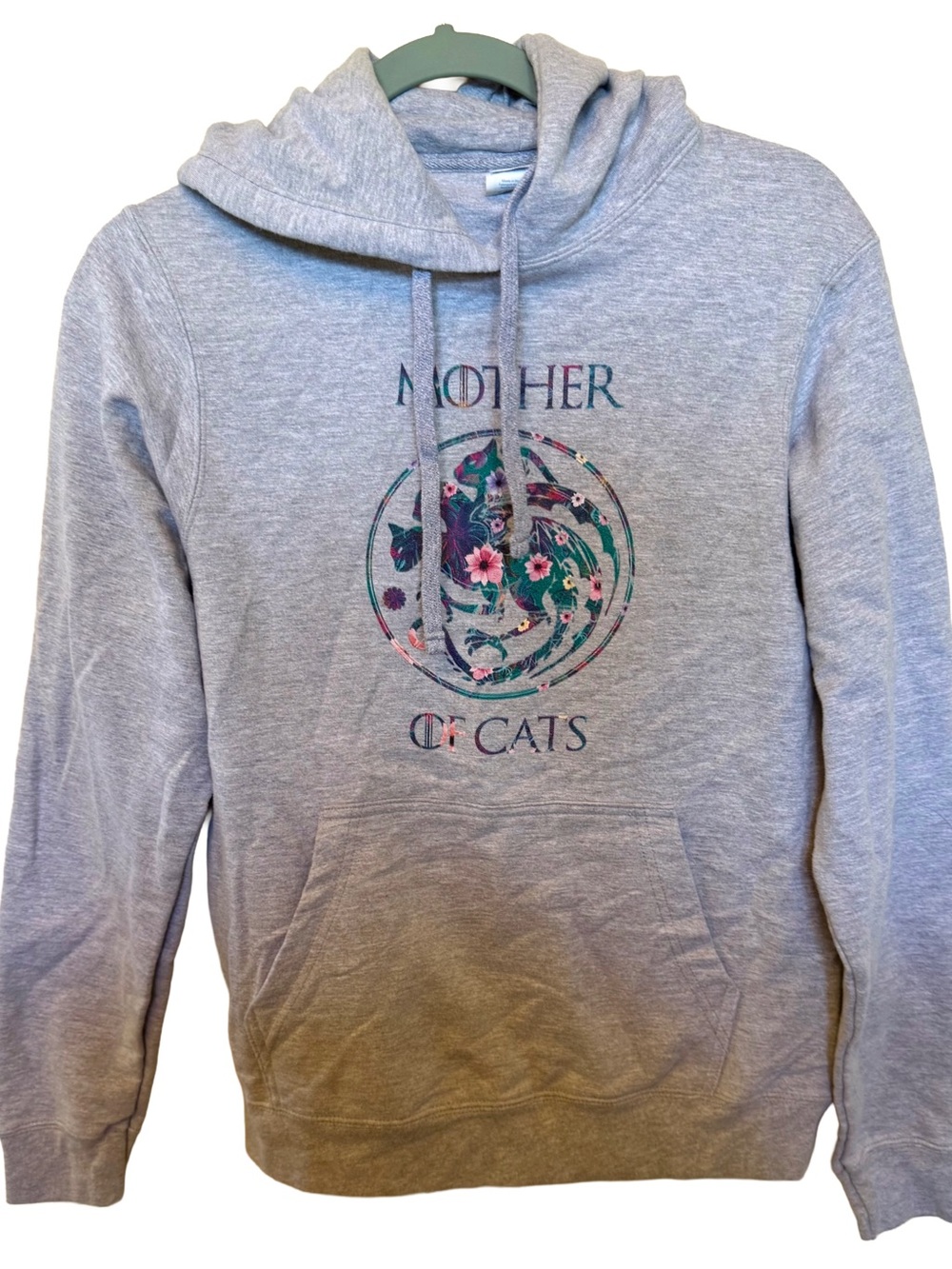 Port and Company Heather Gray "Mother of Cats" Hoodie with Floral Graphic